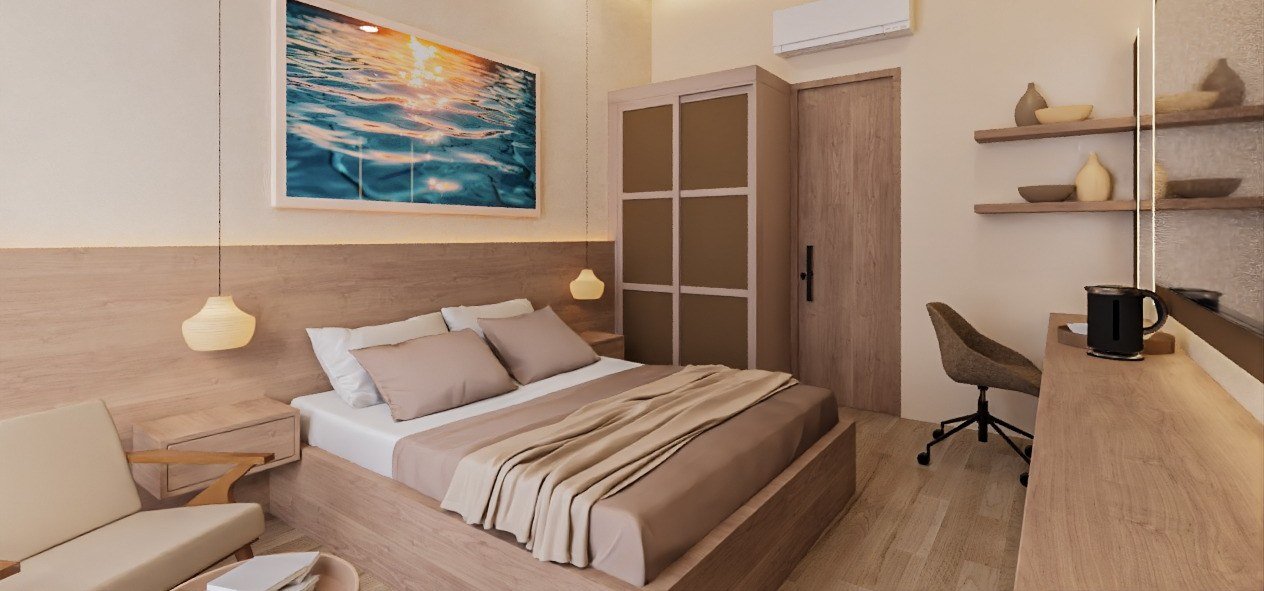 Guest room with king bed and work desk